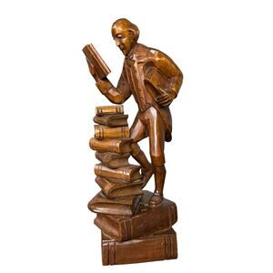 Handcrafted Wooden Carving Scholar Professor Man Reading‎ Book Library Lover 9"